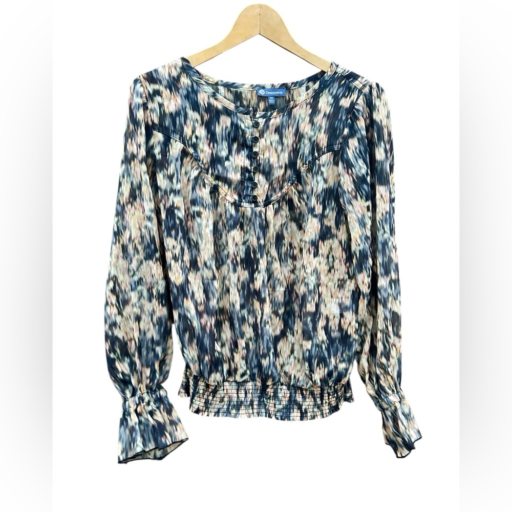 Democracy Shirt Top Abstract Print Ruffle sleeve Sheer sz. XS